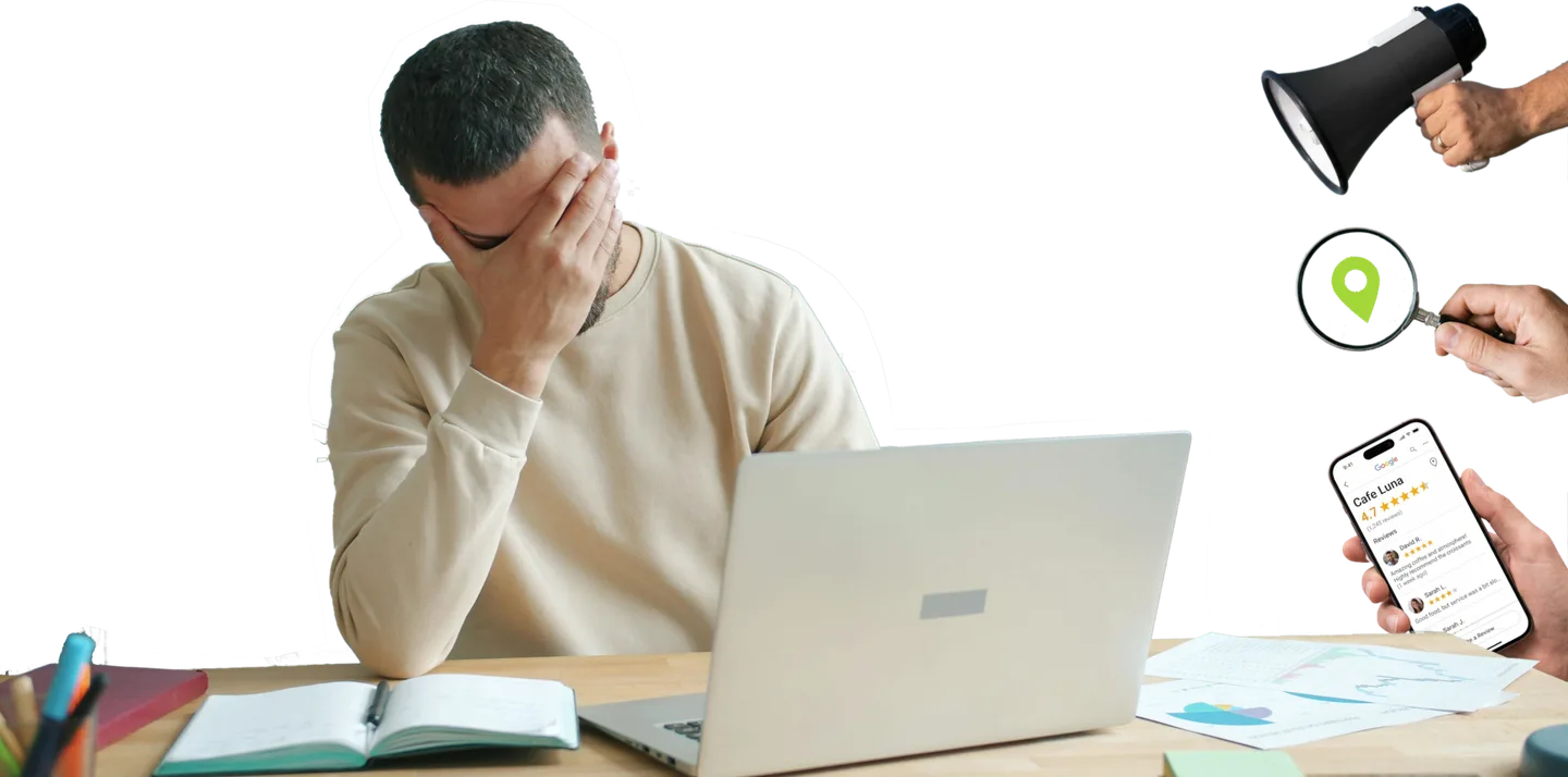 Illustration of a business owner juggling marketing pain points